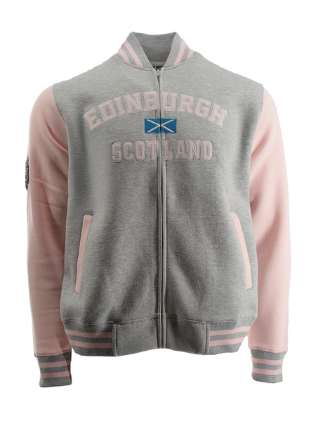 Unisex Edinburgh Scotland Varisty Baseball Jacket, applique Front and Highland Cow sleeve embroidery,Navy Grey,Black Navy,Grey Navy,Pink, Sizes XS to 4XL