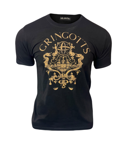 Licensed Unisex Harry Potter Gringotts with Gold Foil Print on Black T-Shirt, Sizes XS to 2XL