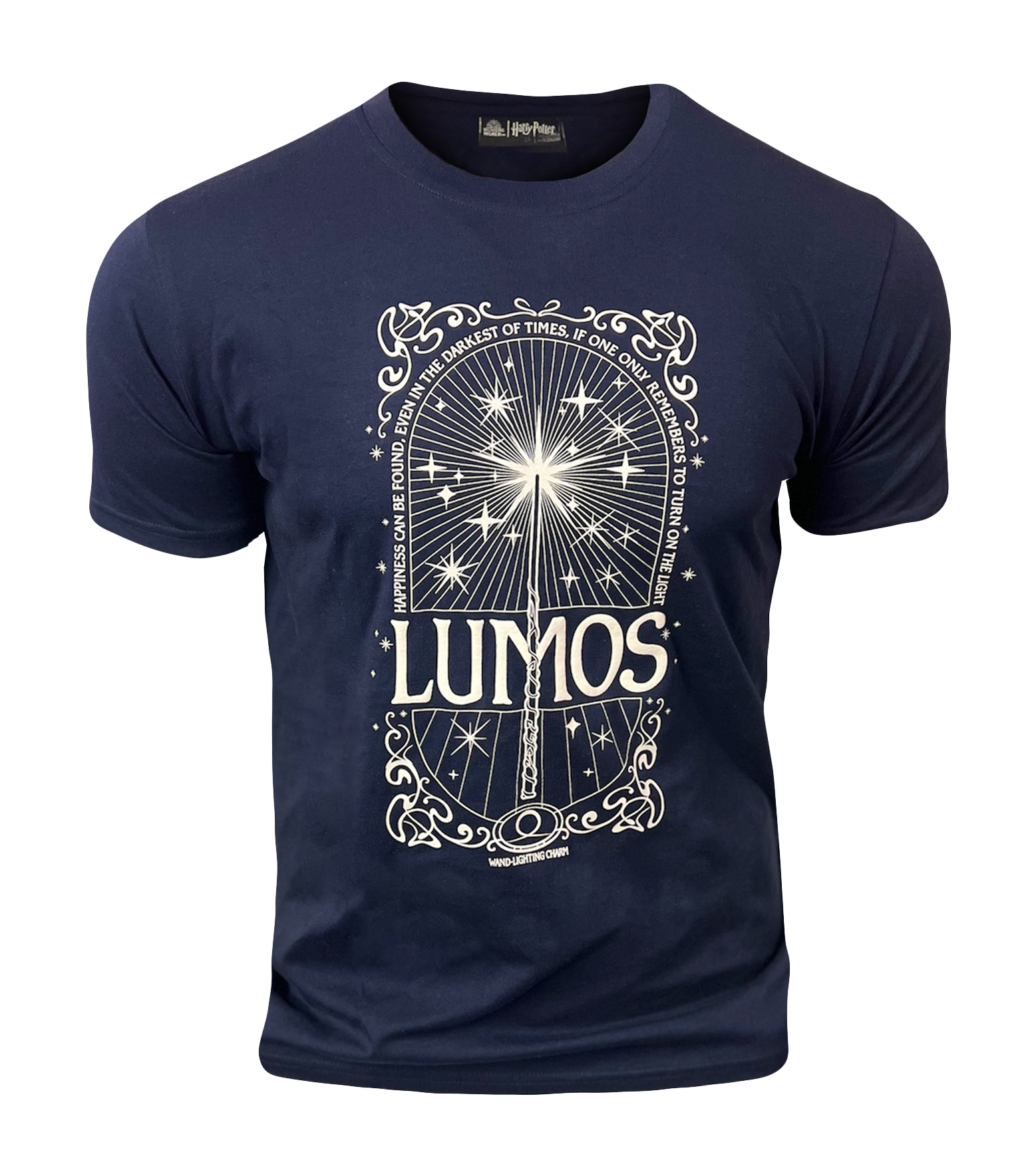 Licensed Harry Potter Lumos T-Shirt, Unisex,Navy,XS to 2XL,'Happiness can be Found, Even in Darkest of Times, if one only Remembers to Turn on The Lights'