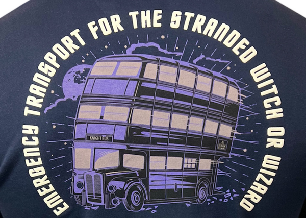 Licensed Unisex Harry Potter Knight Bus t-Shirt with Writing on Back Emergency Transport for The Stranded Witch and Wizard XS to 2XL