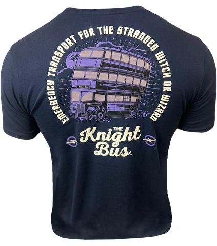 Licensed Unisex Harry Potter Knight Bus t-Shirt with Writing on Back Emergency Transport for The Stranded Witch and Wizard XS to 2XL