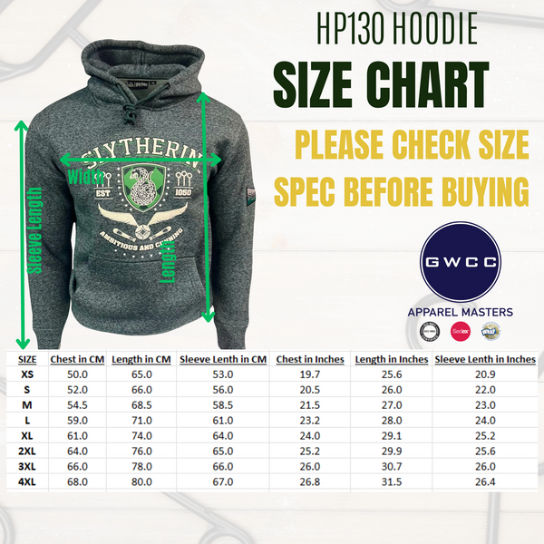 HP130 Licensed Unisex Chainette Fabric Quidditch Hoodie Slytherin XS to 2XL