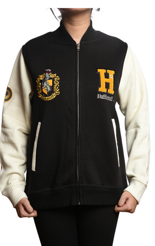 Licensed Unisex Harry Potter Hufflepuff Varsity Jacket, Terry Towel Embroidery, Baseball Zipped Jacket, Black/Off White, Size XS to 2XL