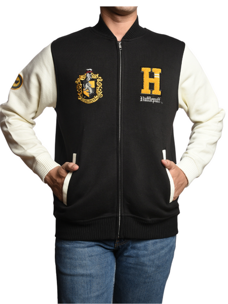 Licensed Unisex Harry Potter Hufflepuff Varsity Jacket, Terry Towel Embroidery, Baseball Zipped Jacket, Black/Off White, Size XS to 2XL