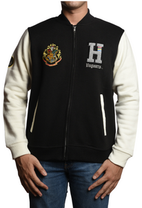 Licensed Harry Potter Unisex Hogwarts Baseball Jacket with Left, Right Chest and Sleeve Embroidery Black/Off White XS to 2XL