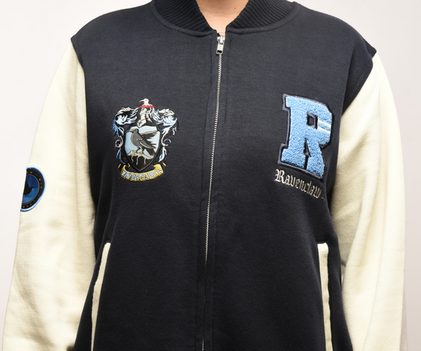 Licensed Harry Potter Unisex Ravenclaw Baseball/Varsity Jacket with Left, Right Chest, Sleeve Embroidery Navy/Off White XS to 2XL