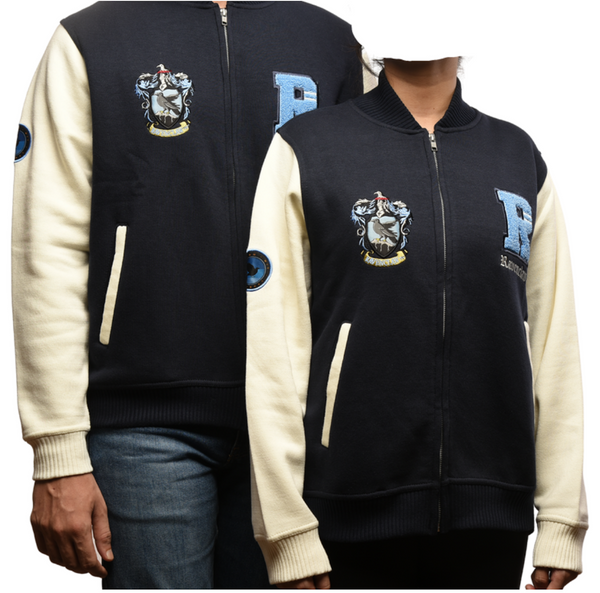 Licensed Harry Potter Unisex Ravenclaw Baseball/Varsity Jacket with Left, Right Chest, Sleeve Embroidery Navy/Off White XS to 2XL