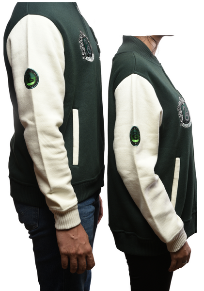 Licensed Harry Potter Unisex Slytherin Baseball Jacket, Terry Towel Embroidery, Zipped, Bottle Green/Off White, Sizes XS to 2XL