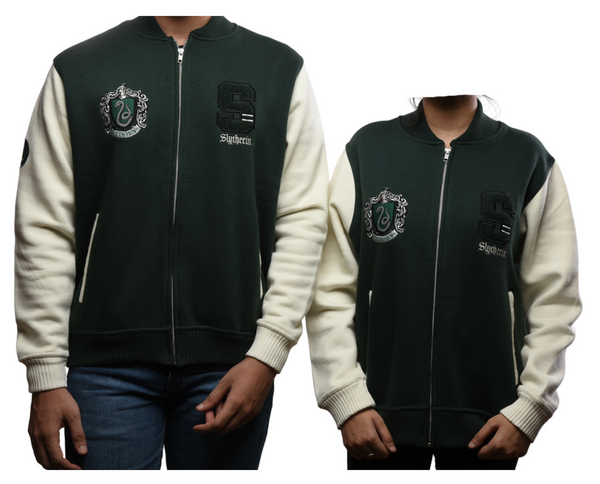 Licensed Harry Potter Unisex Slytherin Baseball Jacket, Terry Towel Embroidery, Zipped, Bottle Green/Off White, Sizes XS to 2XL