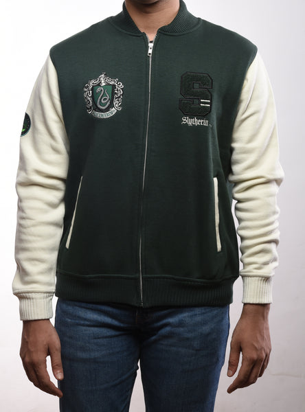 Licensed Harry Potter Unisex Slytherin Baseball Jacket, Terry Towel Embroidery, Zipped, Bottle Green/Off White, Sizes XS to 2XL