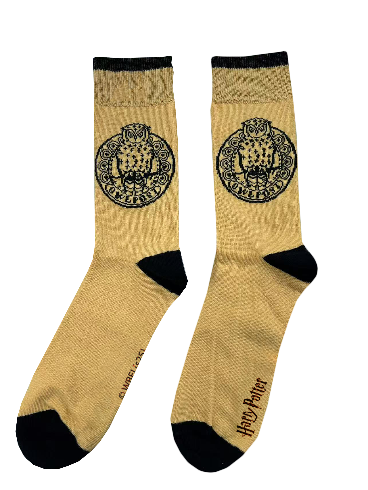 Licensed Harry Potter Mens Hedwig Classic Socks, yellow with Owl Jacquarded knit in black, Size 6-11 (39-46 EURO)