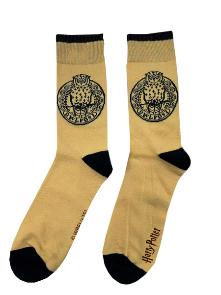Licensed Harry Potter Mens Hedwig Classic Socks, yellow with Owl Jacquarded knit in black, Size 6-11 (39-46 EURO)