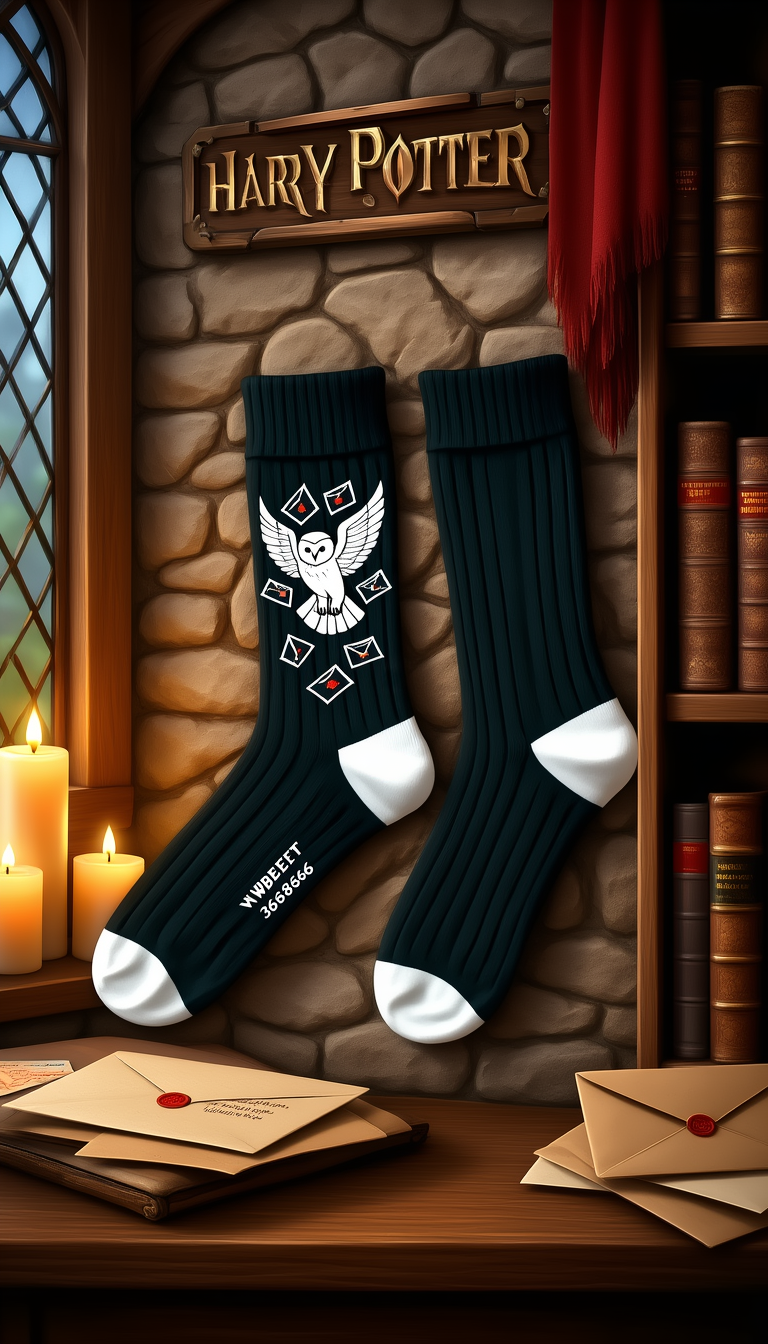 Licensed Harry Potter Hedwig Letter Mens Crew Socks, Owl Letter, Black Colour, Size 6-11 (39-46 Euro)