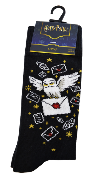 Licensed Harry Potter Hedwig Letter Mens Crew Socks, Owl Letter, Black Colour, Size 6-11 (39-46 Euro)