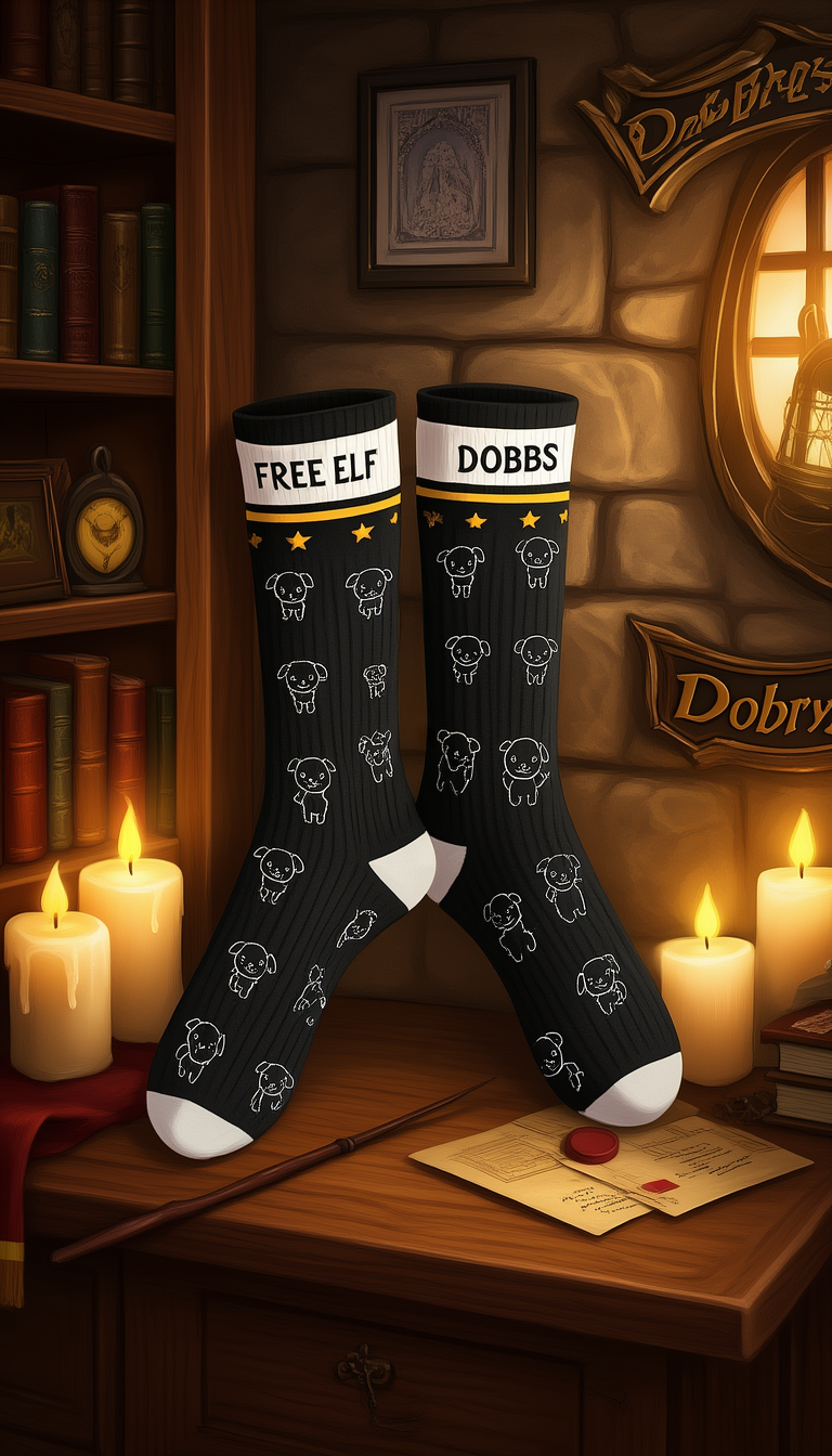 Licensed Harry Potter Dobby Mens Crew Socks, Free Elf, Black Colour, Size 6-11 (39-46 Euro)