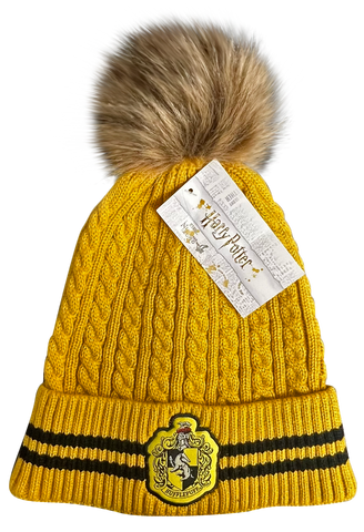 Licensed Harry Potter Cable Knit Ski Hat Beanie with detachable Pom Pom Hufflepuff