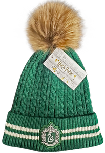 Licensed Harry Potter Cable Knit Ski Hat Beanie with detachable Pom Pom Hogwarts Slytherin