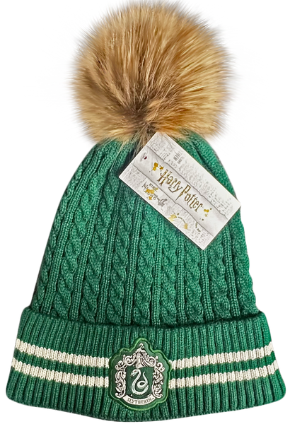 Licensed Harry Potter Cable Knit Ski Hat Beanie with detachable Pom Pom Hogwarts Slytherin