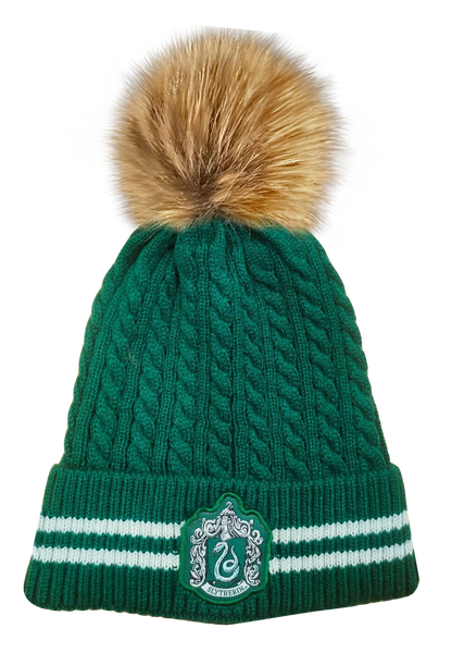 Licensed Harry Potter Cable Knit Ski Hat Beanie with detachable Pom Pom Hogwarts Slytherin