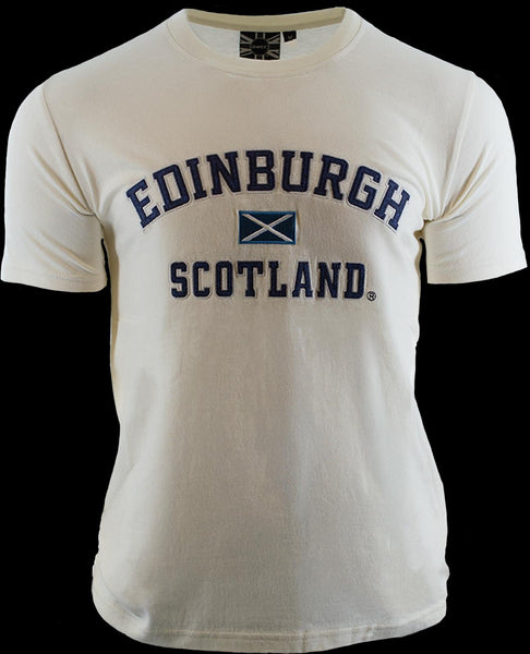 GWCC Unisex Edinburgh Scotland Applique Lettering with Scottish Flag in Centre t-Shirt, 5 Colours, XS to 4XL with Scottish Flag Metal pin Badge