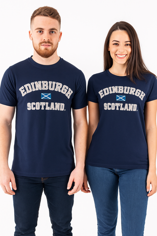 GWCC Unisex Edinburgh Scotland Applique Lettering with Scottish Flag in Centre t-Shirt, 5 Colours, XS to 4XL with Scottish Flag Metal pin Badge