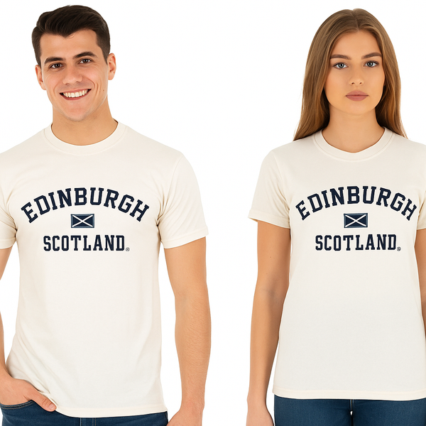 GWCC Unisex Edinburgh Scotland Applique Lettering with Scottish Flag in Centre t-Shirt, 5 Colours, XS to 4XL with Scottish Flag Metal pin Badge