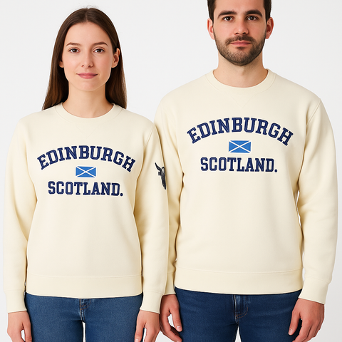Unisex Edinburgh Scotland Sweatshirt, Applique Embroidery Design, XS-4XL, Available in Black, Blue, Off-White, Grey GPink and Grey Navy