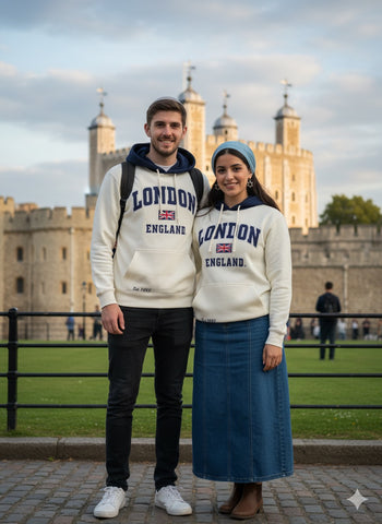 GWCC LE129 Unisex London England Applique Embroidery Crossover Hooded Sweatshirt Hoodie Off White Navy Colour XS to 2XL
