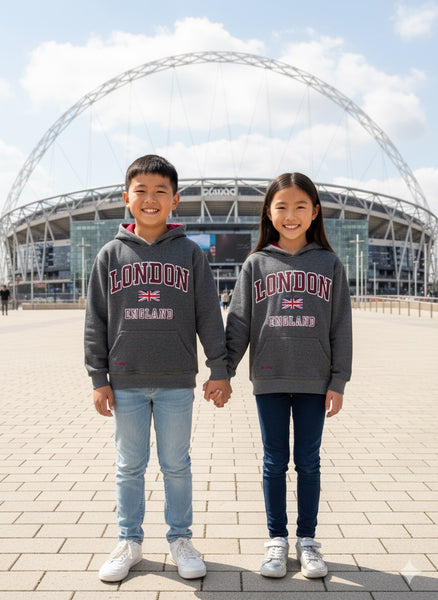 London England Kids Hoodie Hoodie Hooded SweatshirtCharcoal Colour (LE129K) - British Heritage Brands