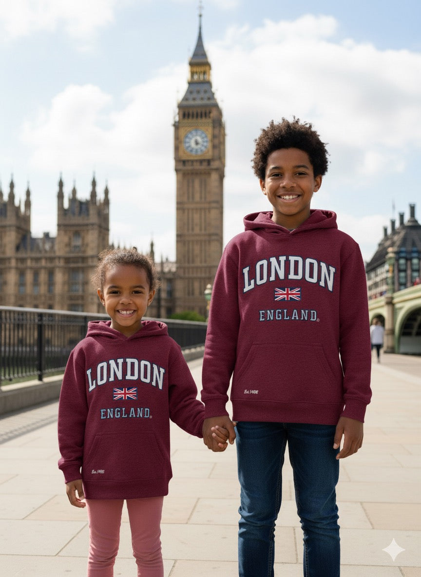 London England Kids Hoodie Hooded Sweatshirt Maroon Colour (LE129K) - British Heritage Brands