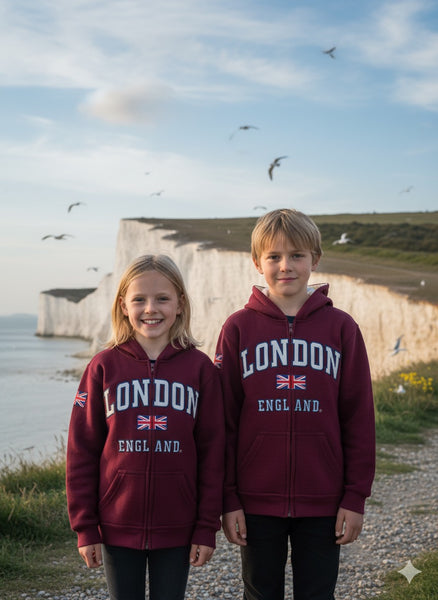 London England Kids Zipped Hoodie Hooded Sweatshirt Maroon Colour (LE129KZ) - British Heritage Brands