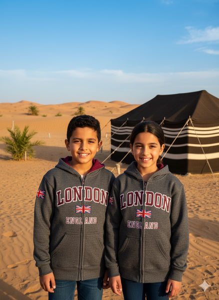 London England Kids Zipped Hoodie Hooded Sweatshirt Charcoal Colour (LE129KZ) - British Heritage Brands