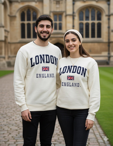 GWCC LE201OWN Unisex London England applique embroidery sweatshirt colour Off White navy embroidery Sizes XS to 4XL