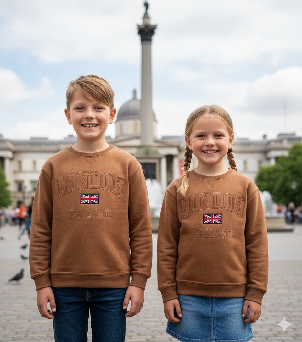 Kids London England Sweatshirt Desert Storm Sizes 1 to 13 Years, with Union Jack Metal Pin Badge