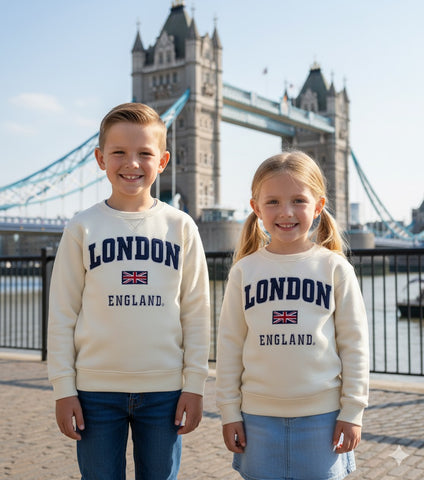 Kids London England Sweatshirt Off White Sizes 1 to 13 Years, with Union Jack Metal Pin Badge