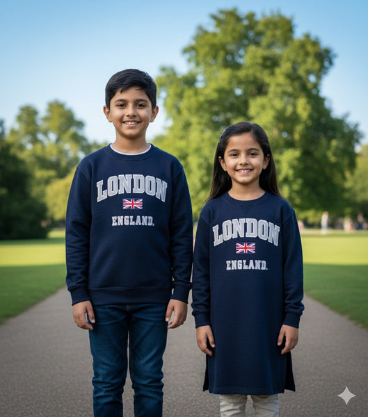 Kids London England Sweatshirt Navy Sizes 1 to 13 Years, with Union Jack Metal Pin Badge