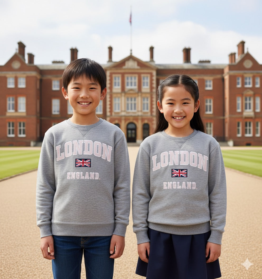 Kids London England Sweatshirt Grey Pink Sizes 1 to 13 Years, with Union Jack Metal Pin Badge