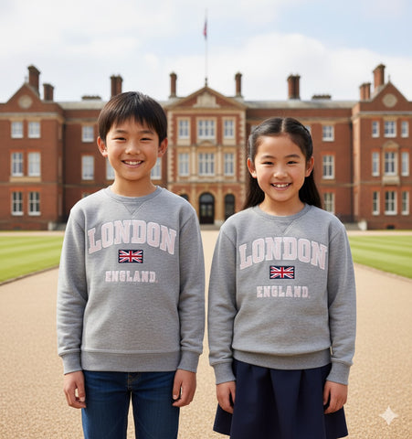 Kids London England Sweatshirt Grey Pink Sizes 1 to 13 Years, with Union Jack Metal Pin Badge