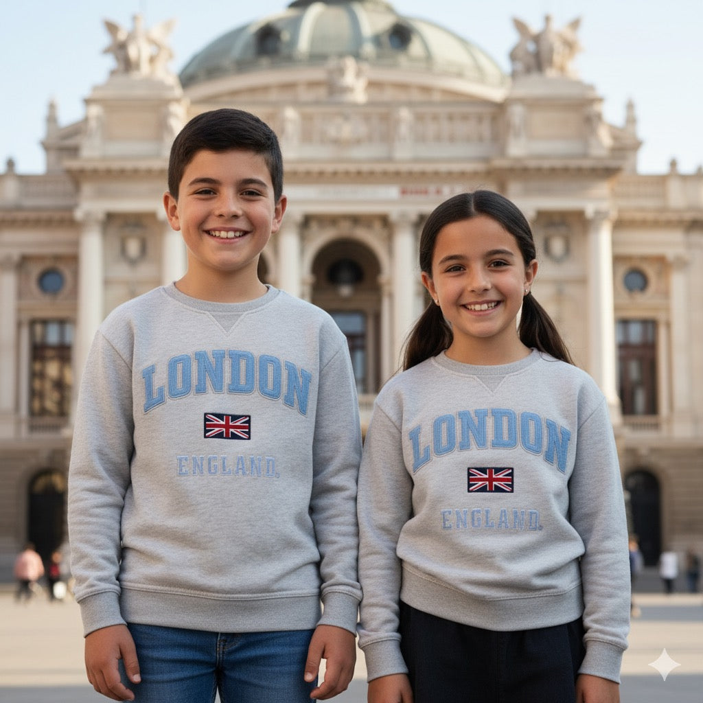 Kids London England Sweatshirt Polar White, Sizes 1 to 13 Years, with Union Jack Metal Pin Badge