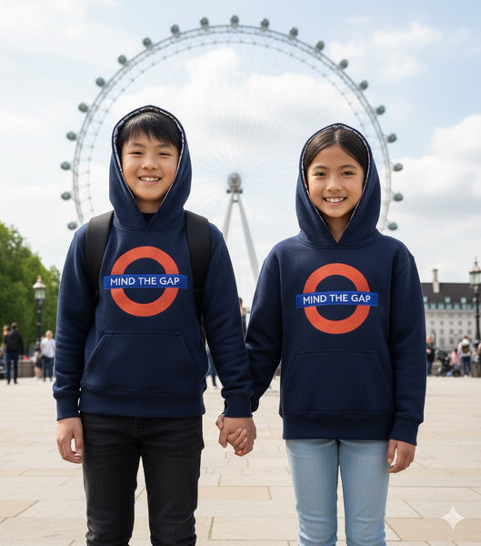TFL129K Kids Licensed Chain Stitch Embroidery Mind the Gap Hoodie Navy