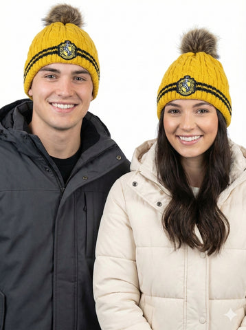 Licensed Harry Potter Cable Knit Ski Hat Beanie with detachable Pom Pom Hufflepuff