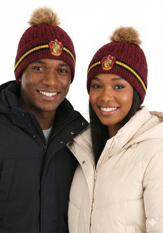 Licensed Harry Potter Cable Knit Ski Hat Beanie with detachable Pom Pom Gryffindor