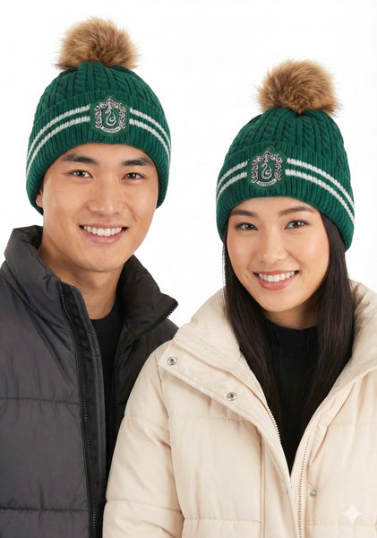 Licensed Harry Potter Cable Knit Ski Hat Beanie with detachable Pom Pom Hogwarts Slytherin
