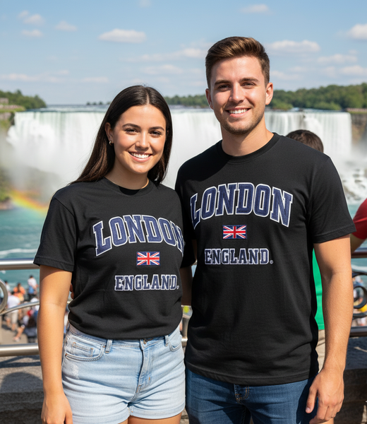 GWCC LE105BN Unisex London England Appliqye Embroidery T-Shirt Colour Black with Navy Applique Sizes XS to 4XL
