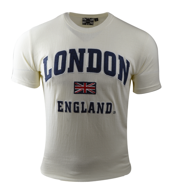 GWCC LE105WN Unisex London England Applique Embroidery T-Shirt Colour Off White  with Navy Applique Sizes XS to 4XL