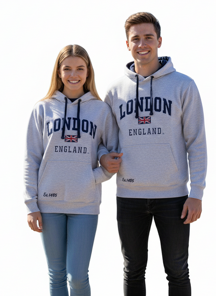 LE129GN Unisex London England Hoodie Hooded Sweatshirt Grey Navy XS-4XL