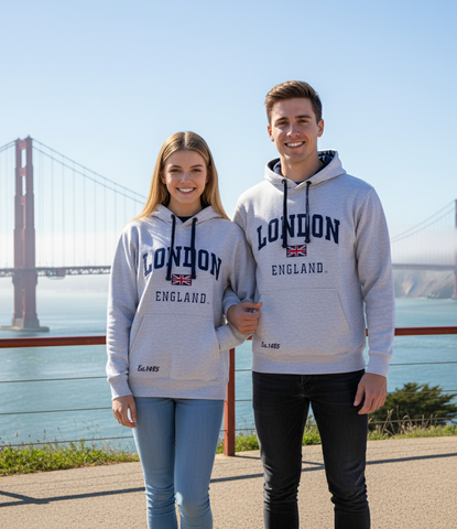 LE129GN Unisex London England Hoodie Hooded Sweatshirt Grey Navy XS-4XL