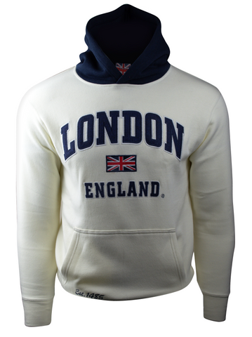 GWCC LE129 Unisex London England Applique Embroidery Crossover Hooded Sweatshirt Hoodie Off White Navy Colour XS to 2XL