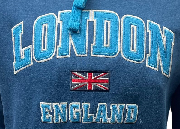 LE129 Unisex London England Applique Embroidery Petrol Blue Colour XS to 4XL
