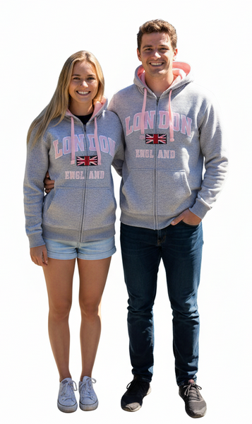 Unisex London England Zipped Hoodie Grey Pink Colour, Sizes XS to 4XL, with Union Jack Metal Pin Badge